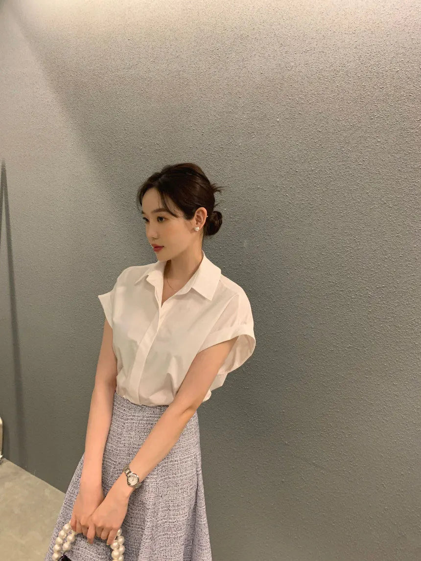 Chic Summer Loose Women’s Shirt | Classic Pure Color Professional Blouse with Small Lapel Collar