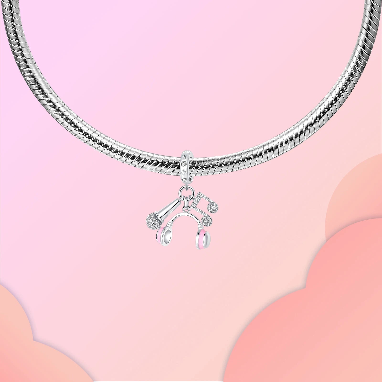 925 Sterling Silver Pink Earphones & Microphone Music Note Pendant Charm – Women’s DIY Bracelet Jewelry Gift