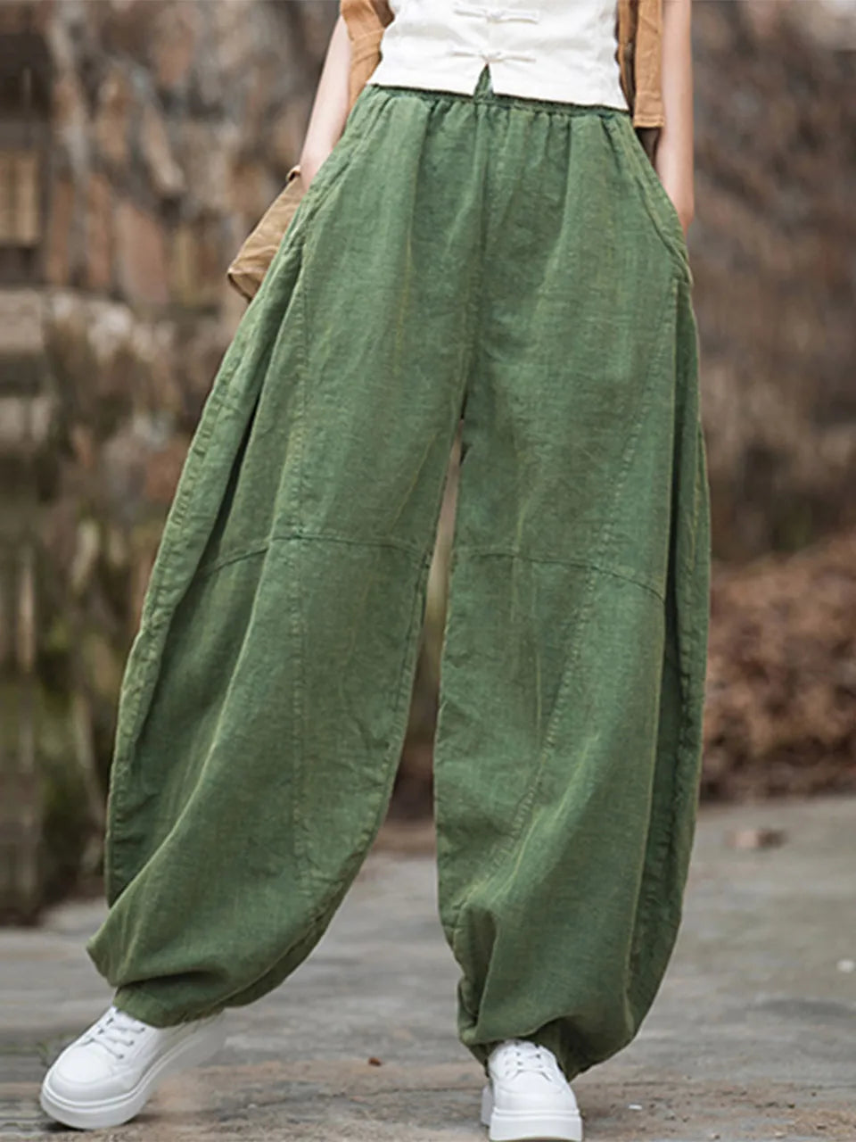 Elegant Women’s Cotton Linen Baggy Cargo Pants – Vintage Elastic Waist Wide-Leg Casual Trousers