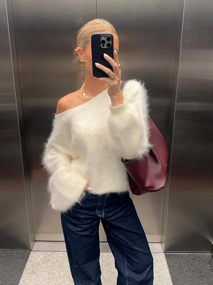 Women’s Off-Shoulder Mohair Sweater | Elegant Loose Knit Pullover for Autumn Fashion 2025