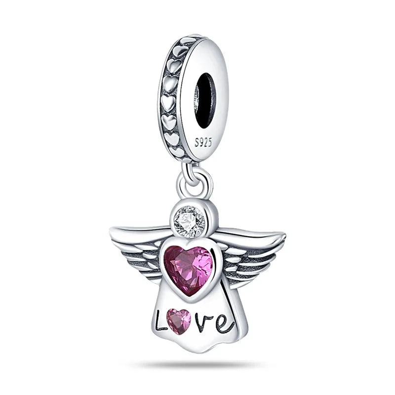 S925 Silver Angel Baby Charms | Heart Shape Wings Dangle Beads Fit Bracelet & Necklace