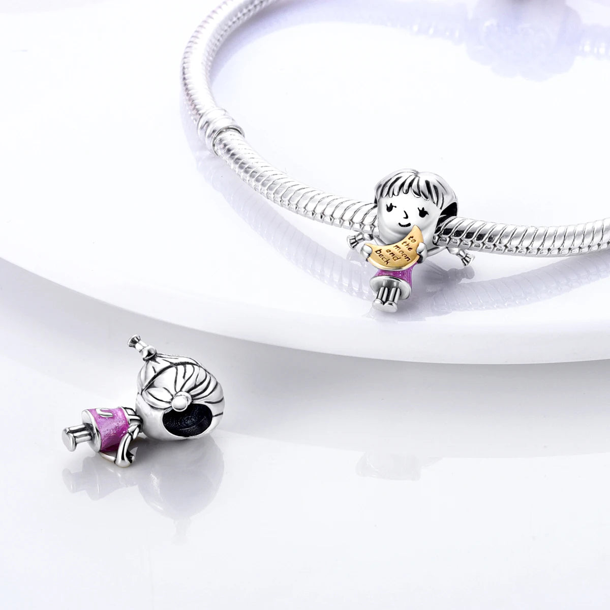 Silver Plated Colorful Glowing Moon & Stars Rainbow Dangle Charms | Fit Original Bracelet & Necklace | Women’s Jewelry Beads