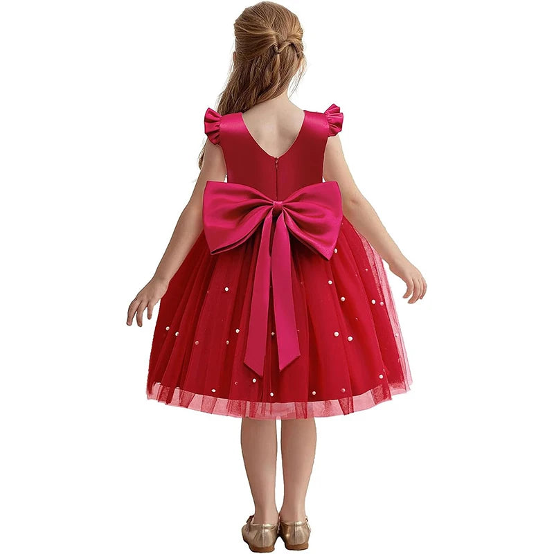 Hello Kitty Girls Pearls Dress – Elegant Princess Wedding Gown, Tulle Birthday Party Dress for Children 3-7Y
