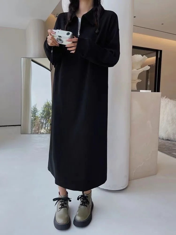 Plus Size Autumn Loose Zip-Up Long Sleeve Sweatshirt Dress – Lazy Fit Over Knee Slimming Dress, Tummy Concealing 300g