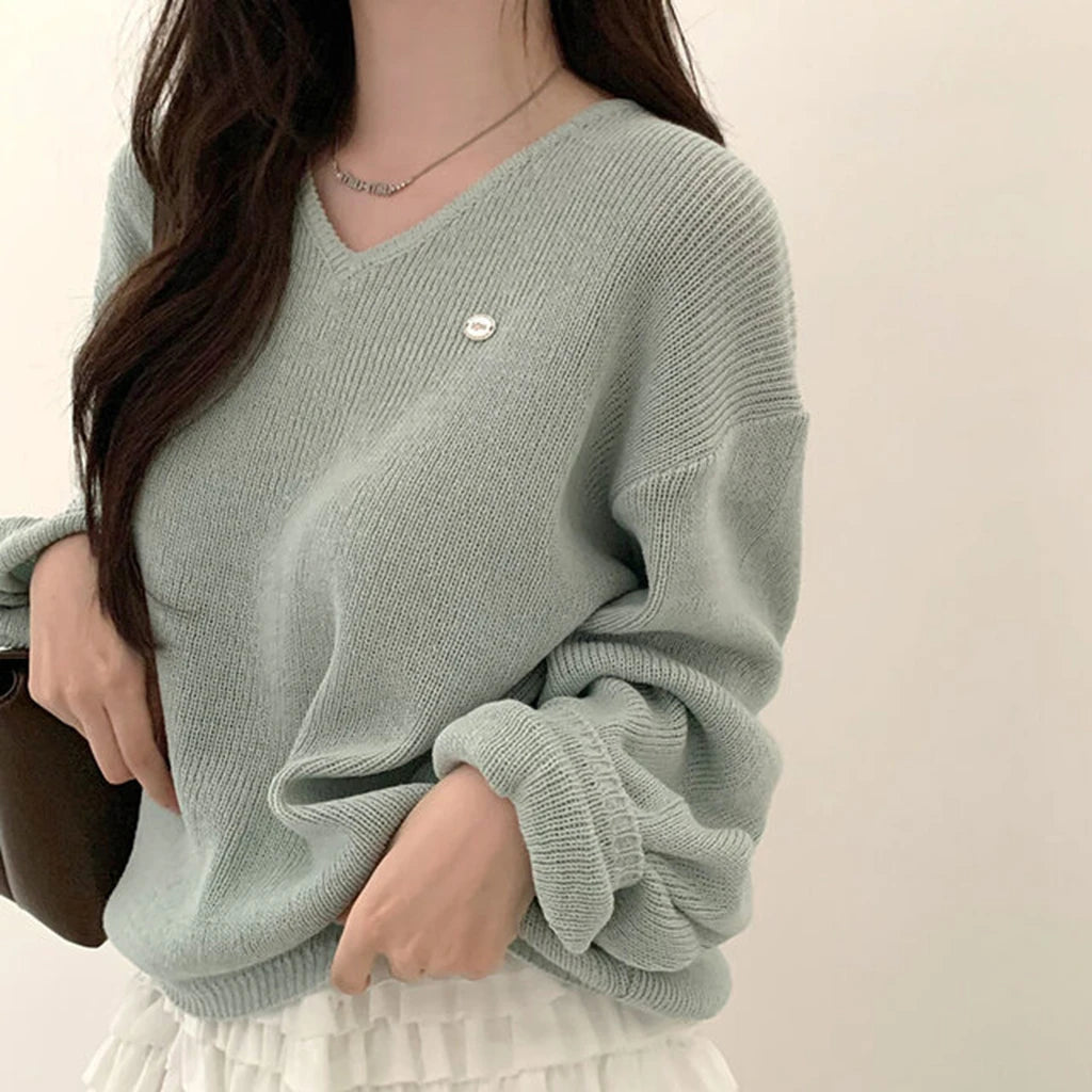 Loose Women’s Knitwear V-Neck Long Sleeve T-Shirt – Casual Comfortable Fashionable Autumn Top New Arrival