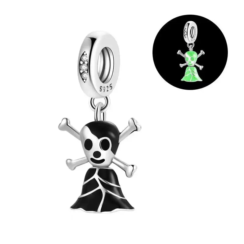 925 Sterling Silver Halloween Luminous Skull & Pumpkin Charms | Fits Original Pandora Bracelet | Party DIY Jewelry Gift