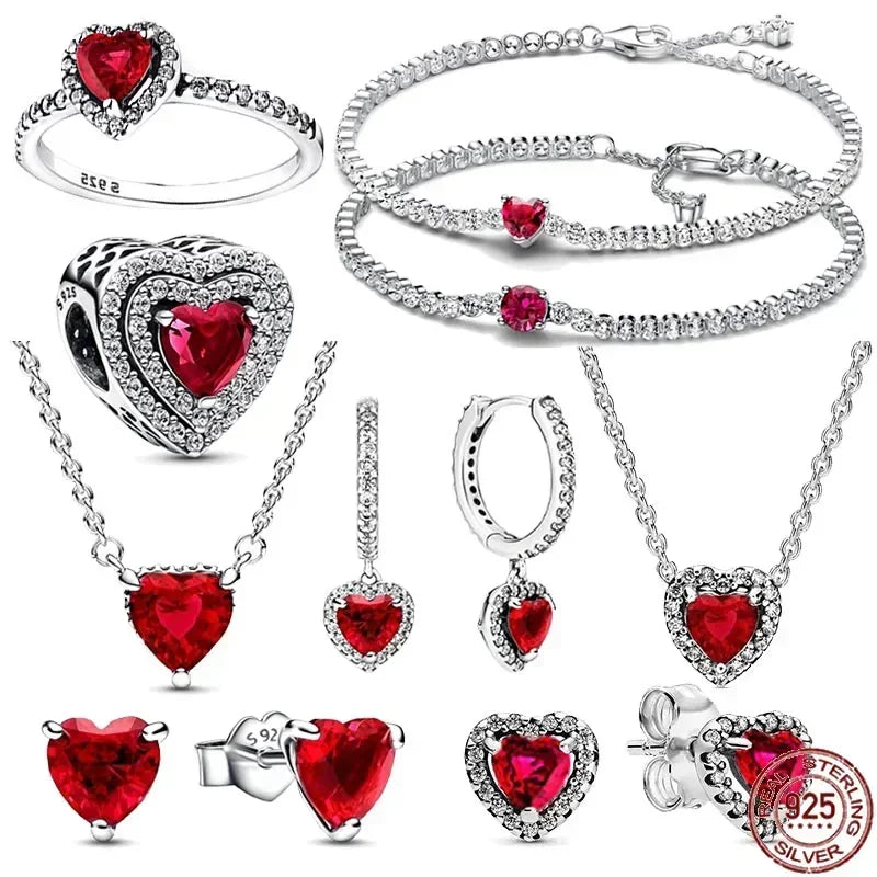 New 925 Sterling Silver Red Heart-Shaped Ring, Necklace & Bracelet | Classic Luxury Charm Jewelry for DIY & Party Gifts