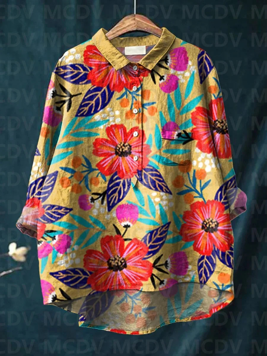 Women’s Cat Print Casual Long Sleeve Shirt – Stand-Up Collar Vintage Indian Ethnic Style Top