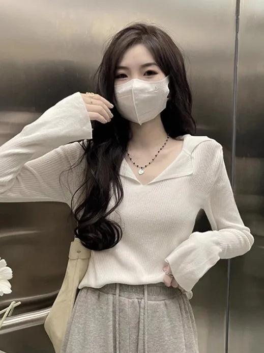 French Style Knitted Long Sleeve V-Neck Collar Sweater – Women’s Winter Base Layer Top | Stretchy Fit for Young Women