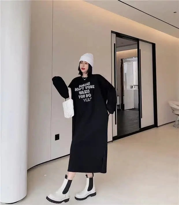 Lazy Person's Winter Sweatshirt Dress ❄️ Loose Casual Home & Outdoor Wear 👗 Personalized Letter Design 🌟