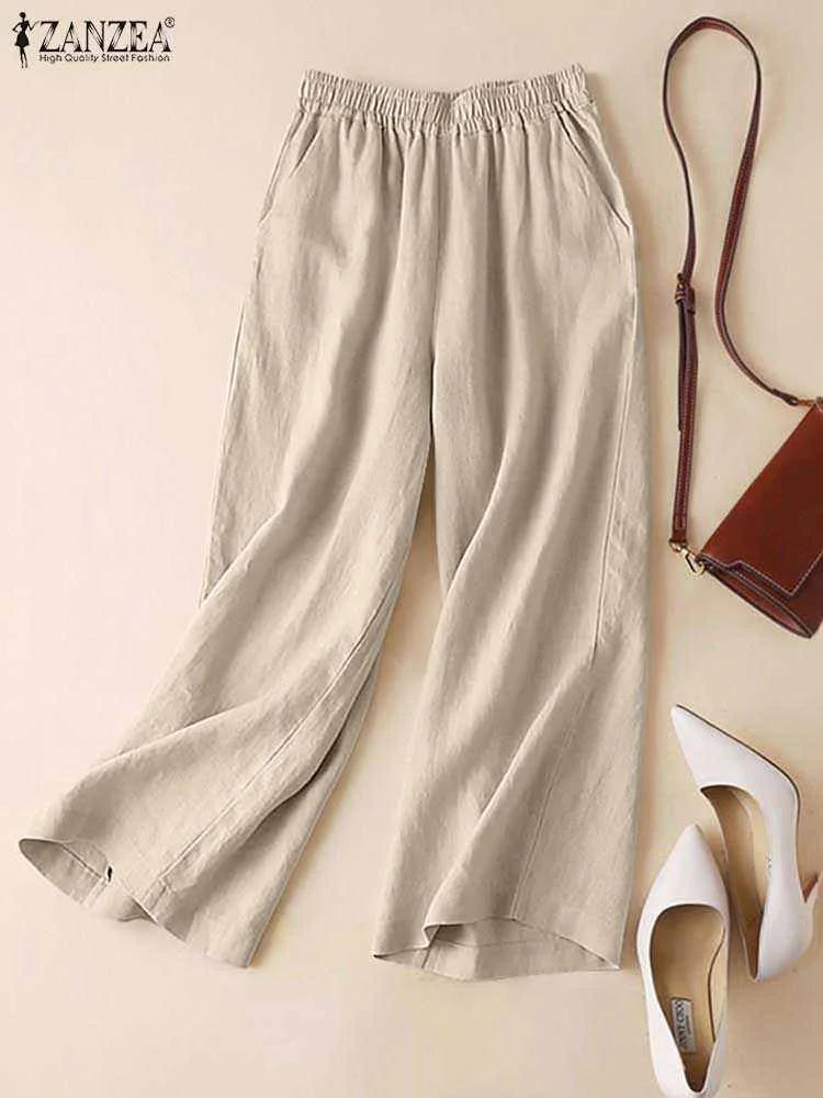 ZANZEA 2025 Women’s Cotton Linen Wide-Leg Pants | Summer Casual Elastic Waist Palazzo Trousers