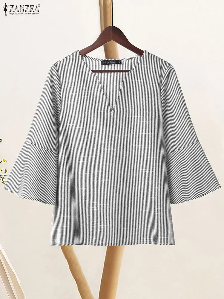 2025 ZANZEA Women’s Office Striped Blouse – Autumn V-Neck 3/4 Sleeve Casual Work Shirt 👚🍂