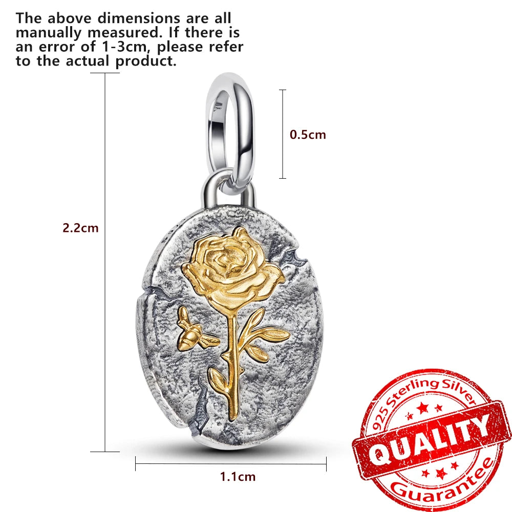 Authentic 925 Sterling Silver Rose & Cherry Blossom Medallion Charm for Bracelet & Necklace DIY