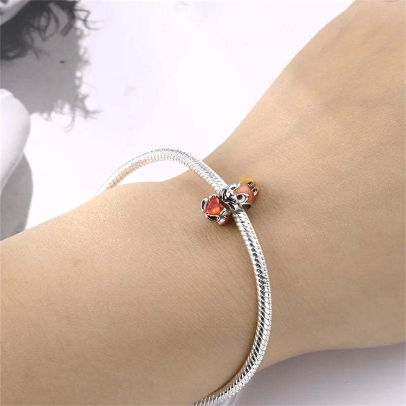 925 Sterling Silver Squirrel & Maple Leaf Charm | Shiny Zircon Autumn Beads Fit Pandora Bracelet DIY Jewelry