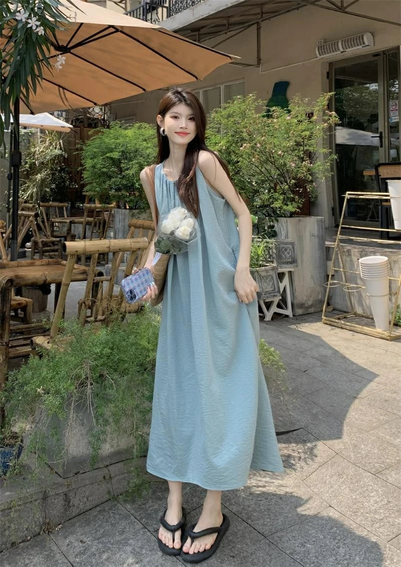 Summer Women’s Beach Vacation Dress – Sleeveless A-Line Midi Gown with Folded Skirt & Slimming Fit