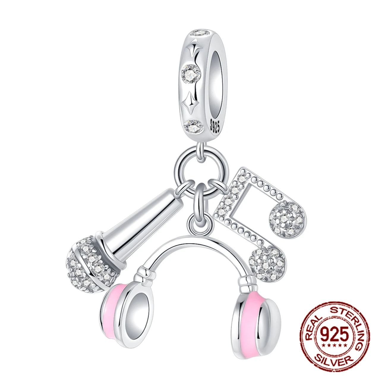 925 Sterling Silver Pink Earphones & Microphone Music Note Pendant Charm – Women’s DIY Bracelet Jewelry Gift