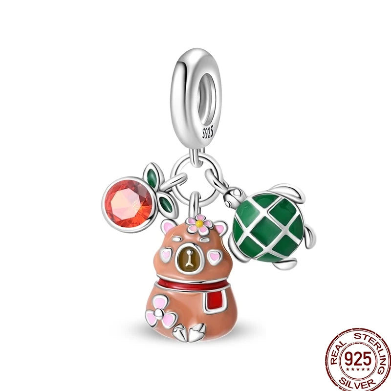 100% 925 Sterling Silver Heart Family Charms with Pumpkin & Pave Zircon Pendant – Fits Original Bracelet DIY Jewelry Gifts