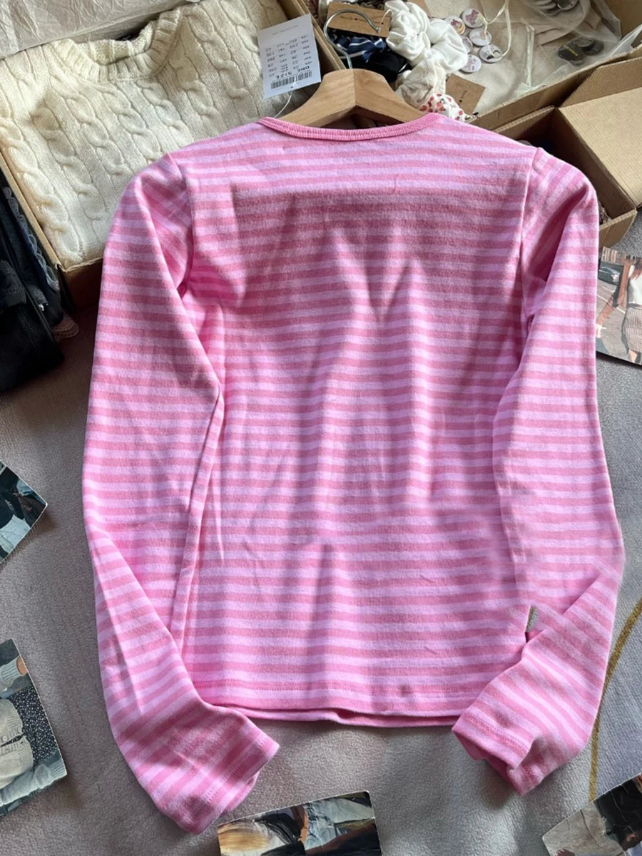 Women’s Pink Striped Slim Long Sleeve Tee | Casual Cotton O-Neck T-Shirt | Sweet Vintage Y2K Top