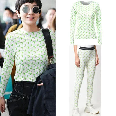 American Retro Women’s Two-Piece Set – Ice Silk Top & Pants with Moon Print Long Sleeve 🌙✨