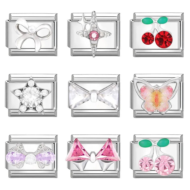 2025 Original Zircon Bow Knot Star Cherry Italian Charm | Stainless Steel 9mm Links DIY Modular Bracelet Jewelry Wholesale