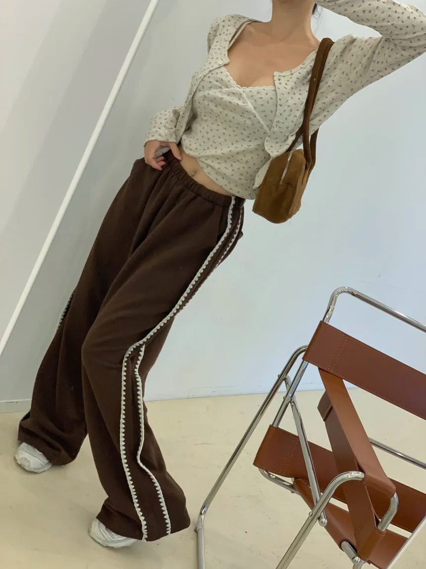 Chic Autumn Winter Loose Casual Pants – Color Block Side Stripe Floral Women Sweatpants Long Trousers