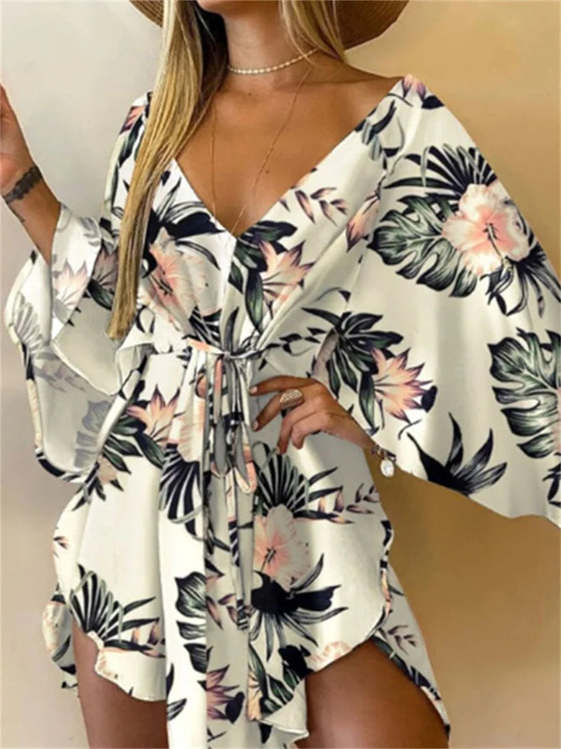 Women’s Floral Print V-Neck Bat Sleeve Dress – Sexy Bohemian Loose Mini Sundress