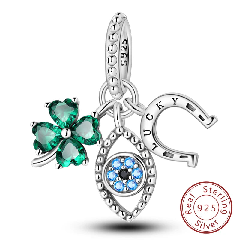 New 925 Sterling Silver Four-Leaf Clover Green Charm Bead | Lucky Pendant for Original Bracelet Jewelry Gift