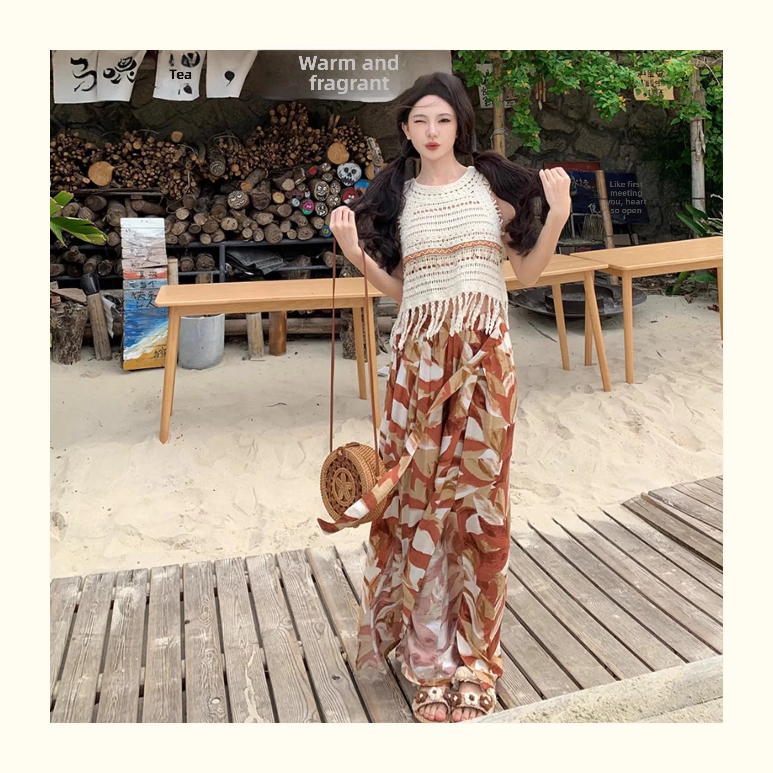 Vacation Style High Waist Wide Leg Pants – Thin Long Ethnic Print Pants for Beach & Holiday Wear