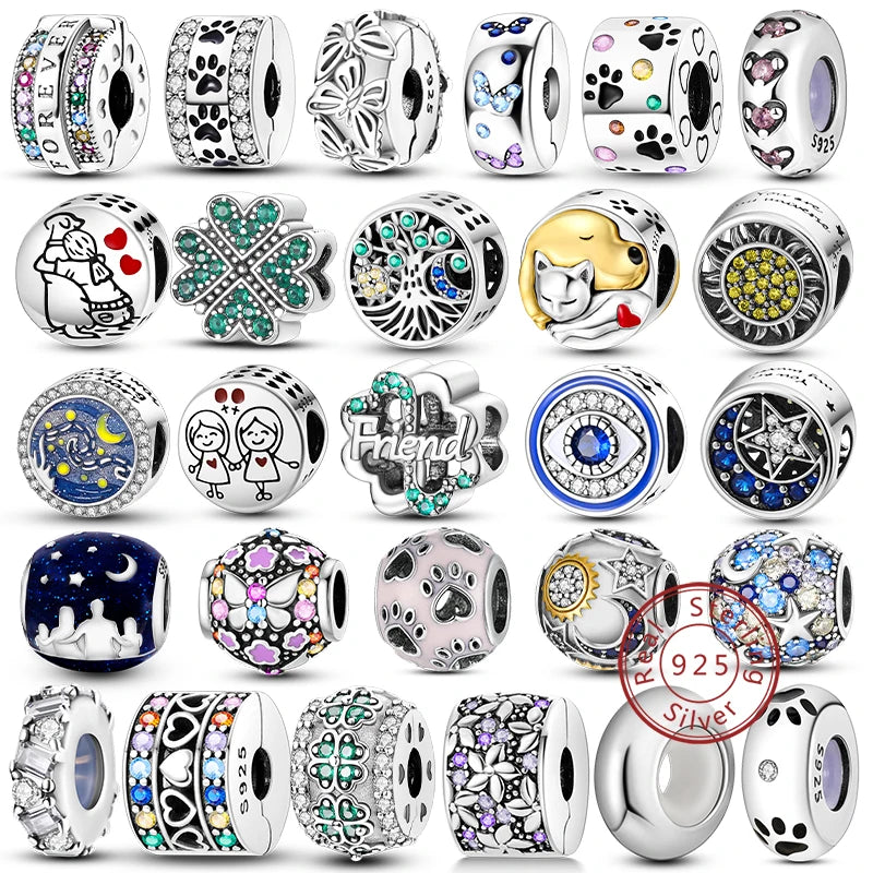 925 Sterling Silver Safety Chain & Clip Charms – CZ Pave Round Beads Fit Pandora Bracelet DIY Jewelry Making
