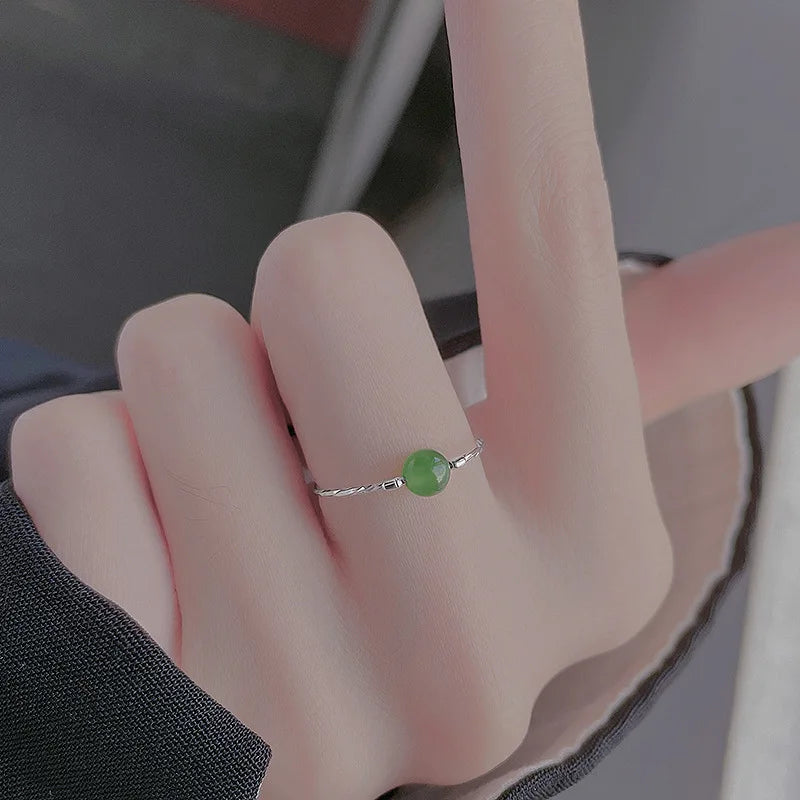 PANJBJ 925 Sterling Silver Hotan Jade Geometric Adjustable Ring | Retro Delicate Jewelry Gift for Women
