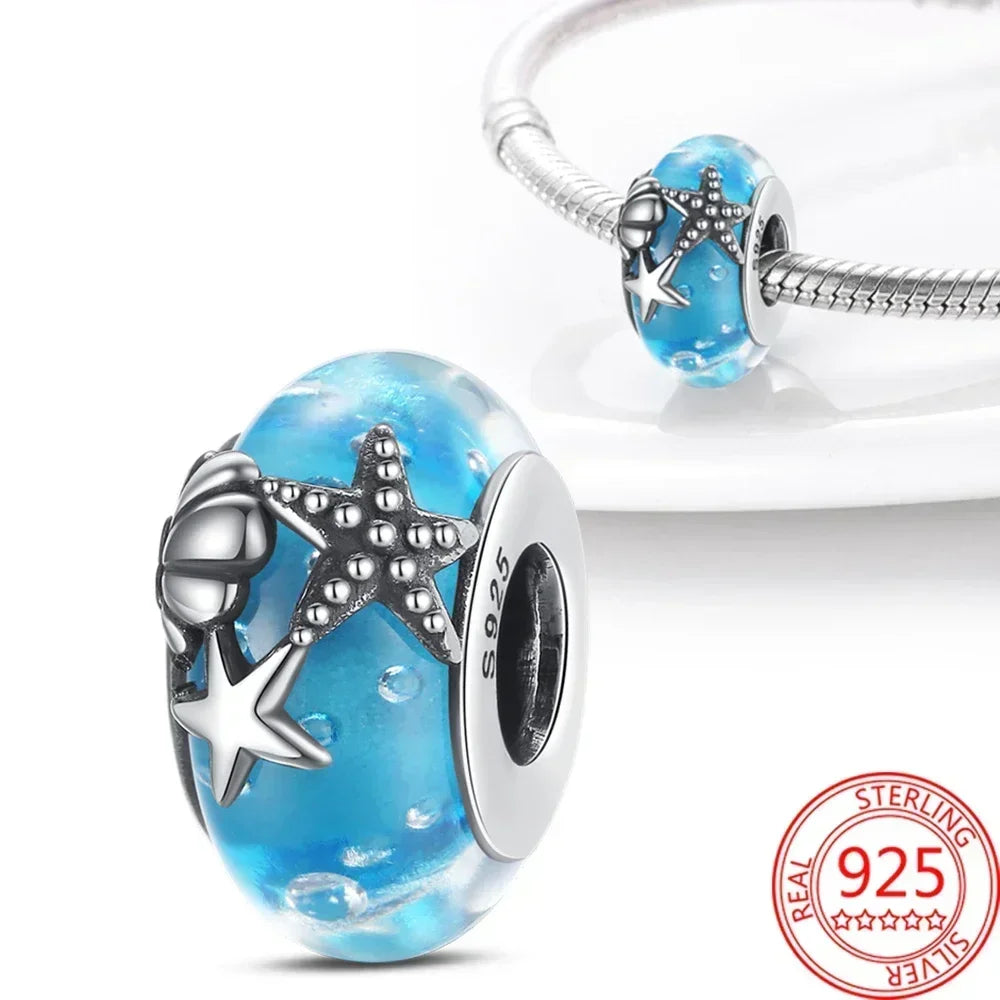 2025 Classic 925 Sterling Silver Colored Flower & Leaf Murano Glass Charm Beads | DIY Bracelet
