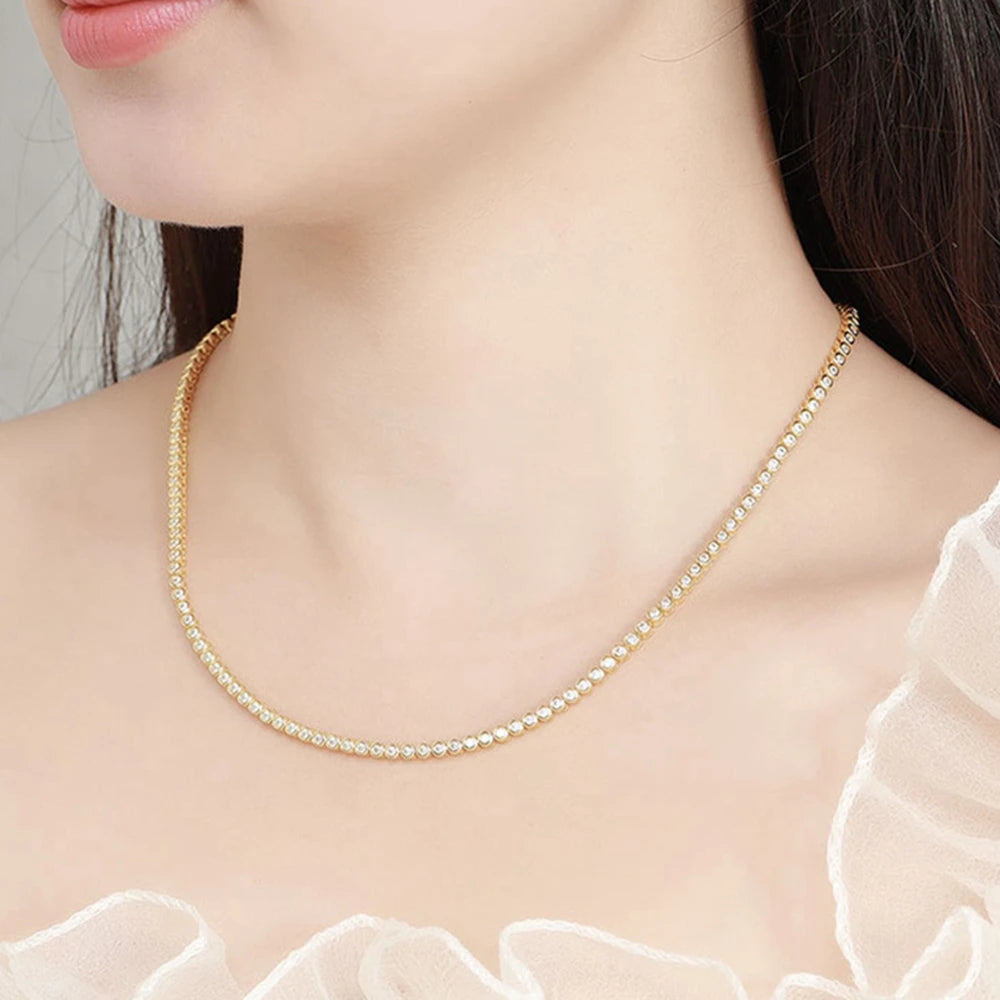 Wong Rain 18K Gold Plated 925 Sterling Silver Moissanite Tennis Necklace – 2mm D Color VVS1 3EX Diamond Chain Fine Jewelry GRA