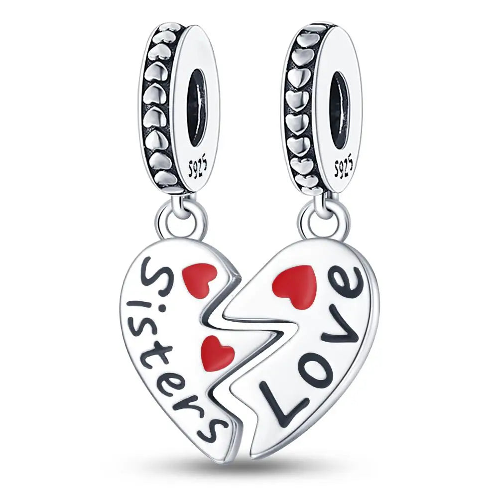 925 Sterling Silver Sweetheart Sister Charm | Fit Original Pandora & 3mm Bracelets DIY Jewelry Gift for Women