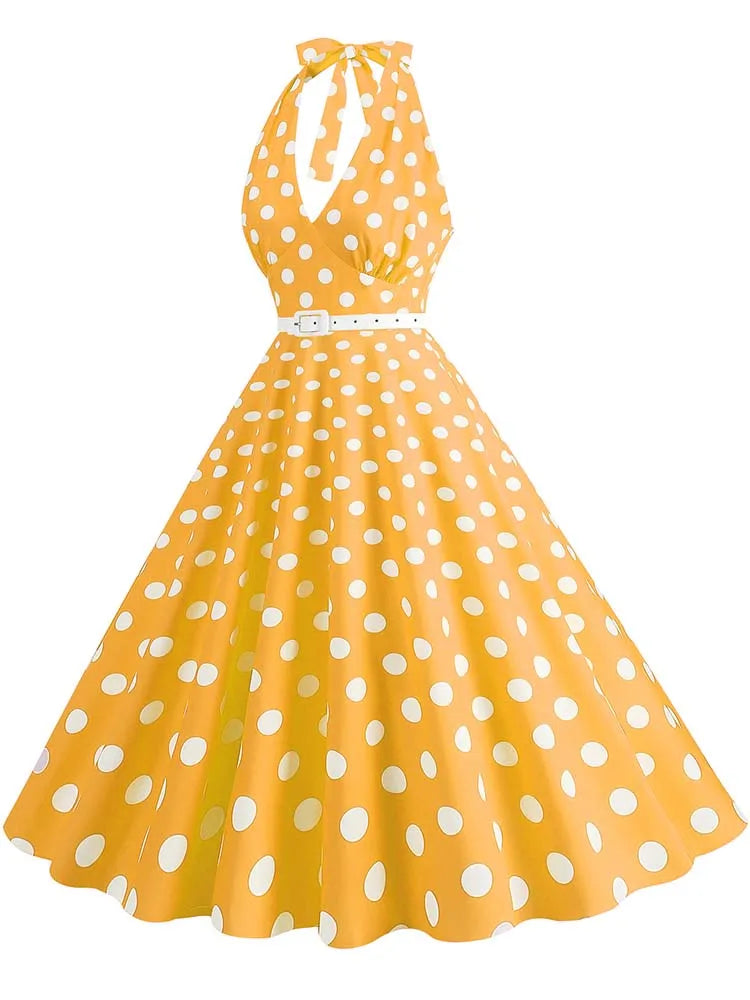 Women’s Vintage Halter Party Dress – Summer Polka Dot Midi Cocktail Prom Elegant Dress