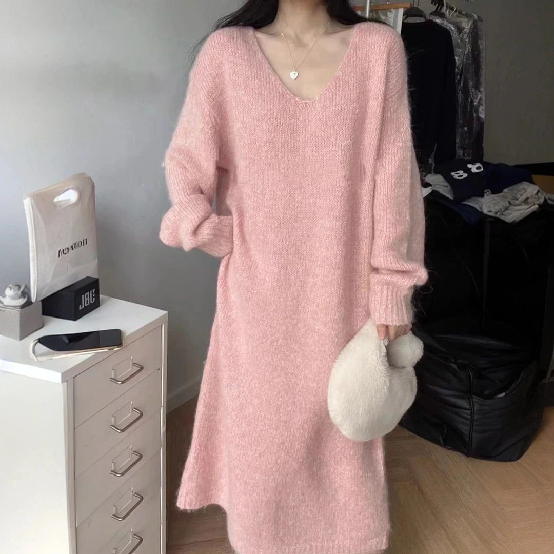 Ladies’ Thick Long Knitted Dress | Korean Style Loose Waist V-Neck H-Line Base Layer Dress | Autumn Winter New Arrival