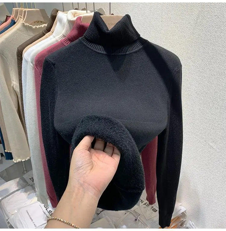 2025 Women’s High Collar Pullover Sweater – Thick Warm Soft Winter Top | Solid Color Bottoming Shirt
