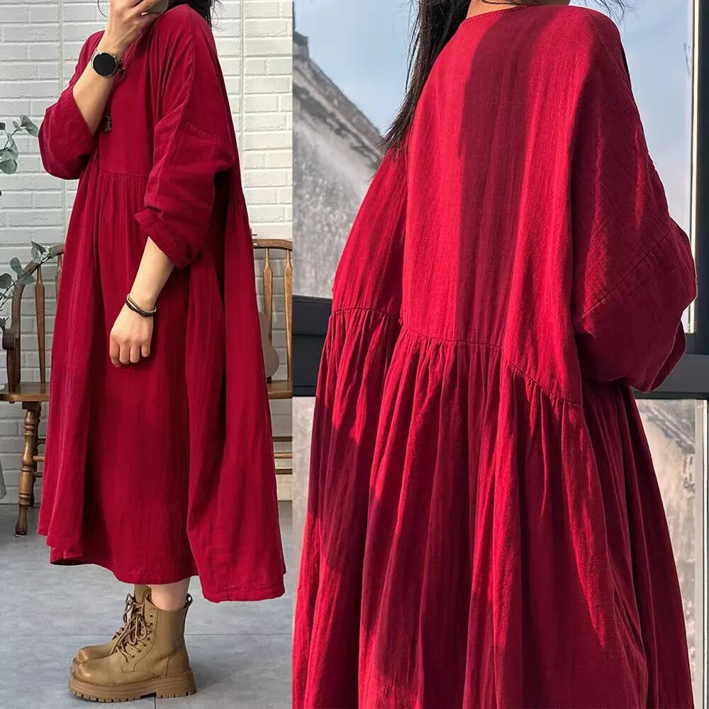 Retro Red Long Dress for Women | Loose High Waist Vintage Doll Style Skirt | Autumn Spring Casual Fashion Dress