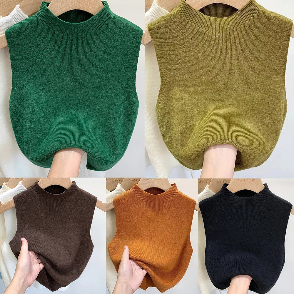 Women’s Knitted Vest Tank Top | Solid Color Cropped Camisole Sweater | Half-Turtleneck Sleeveless Spring Autumn Top