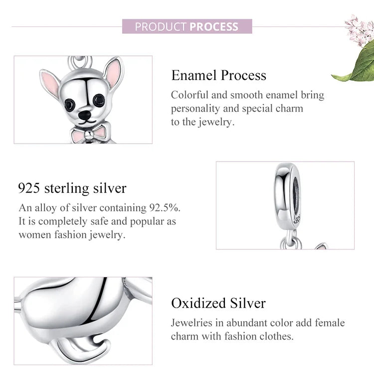 BISAER 925 Sterling Silver Dog Charm | Cute Dachshund Pet Bead Pendant for Women’s DIY Bracelet Jewelry