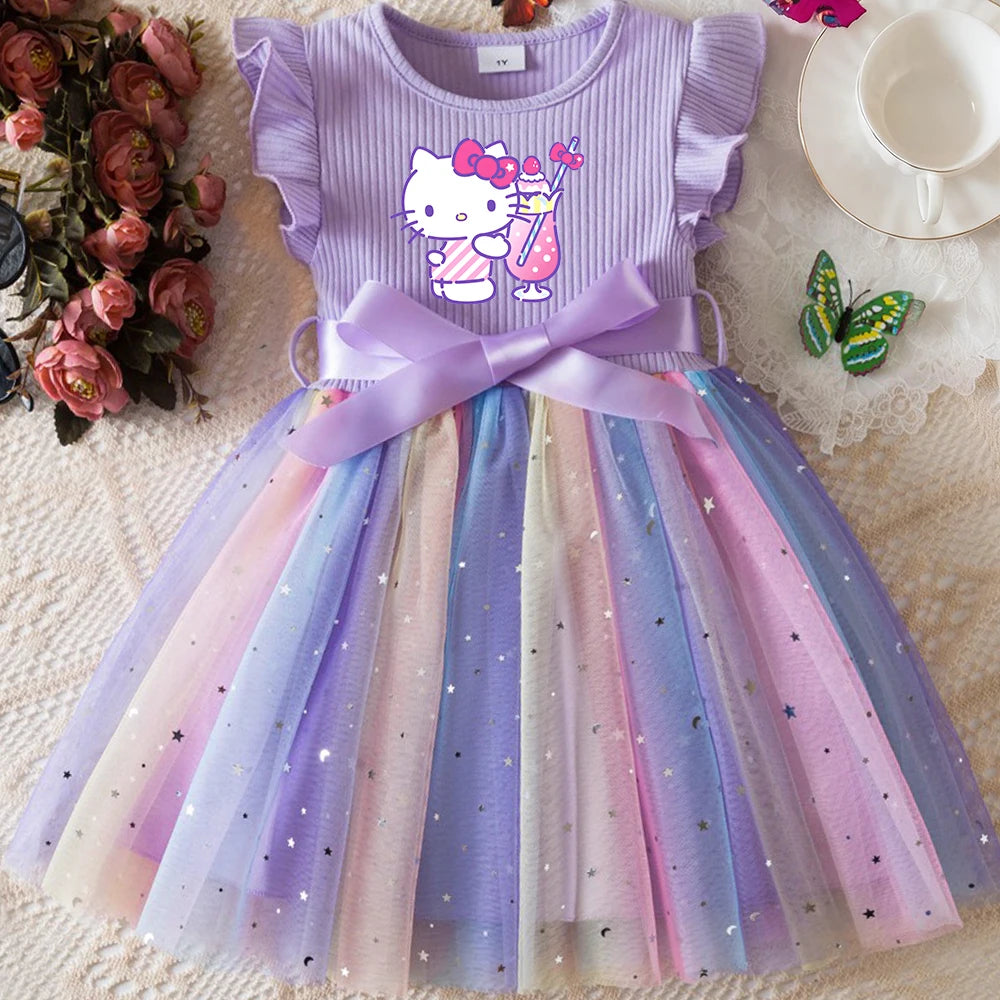 ✨ Hello Kitty Girls Sequins Dress 🎀 Rainbow Tulle Princess Dress 🌈 Toddler Birthday Party Outfit 👧 Ages 1–5 Years