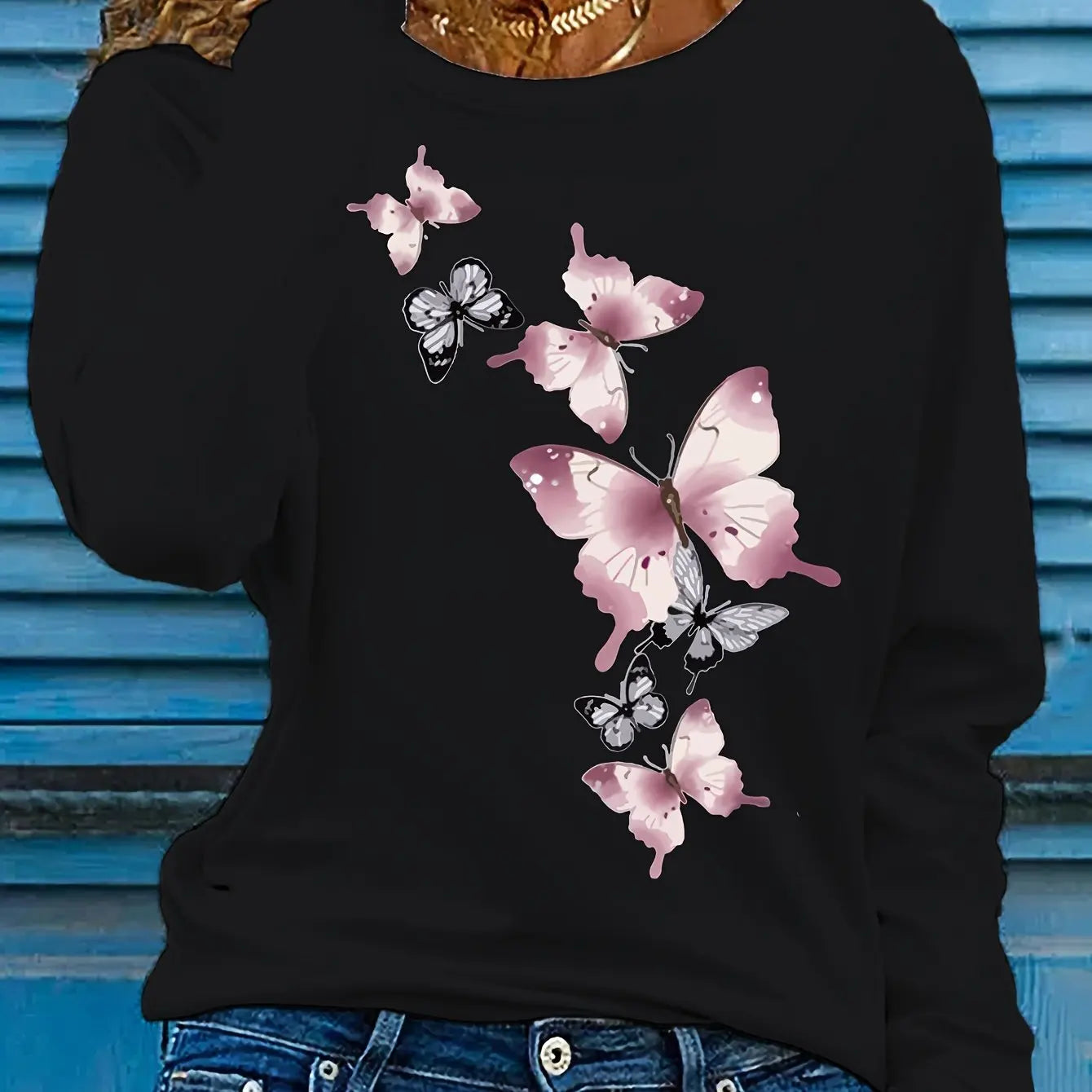Women’s 100% Cotton Butterfly Print Long Sleeve T-Shirt | Casual Loose Round Neck Base Shirt for Spring & Autumn