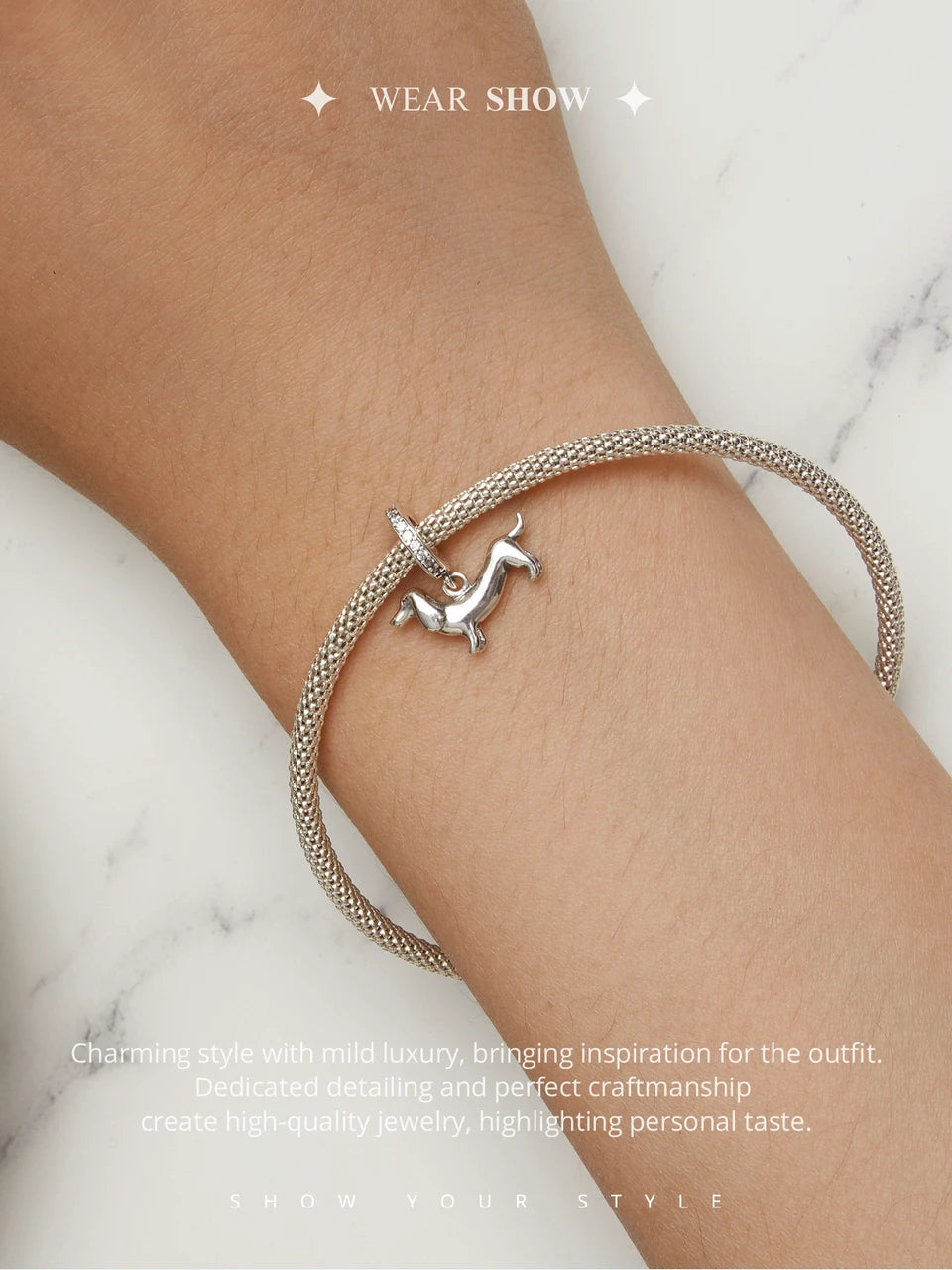 BISAER 925 Sterling Silver Dog Charm | Cute Dachshund Pet Bead Pendant for Women’s DIY Bracelet Jewelry