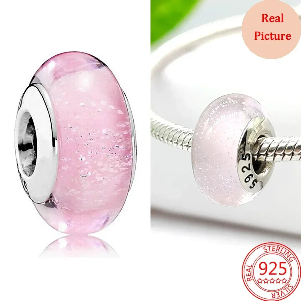 925 Sterling Silver Murano Glass Galaxy & Clover Heart Beads | Fit Pandora Bracelet DIY Jewelry Gift for Mum