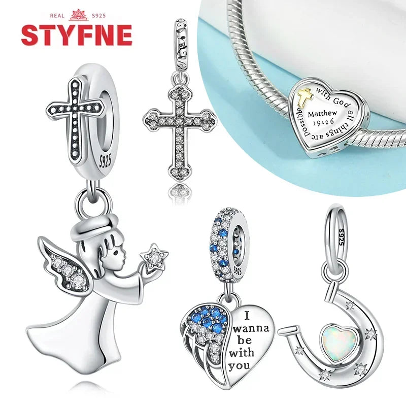 925 Sterling Silver Angel Cross Heart Charms | Fit Pandora Bracelet | Women’s DIY Jewelry Gift