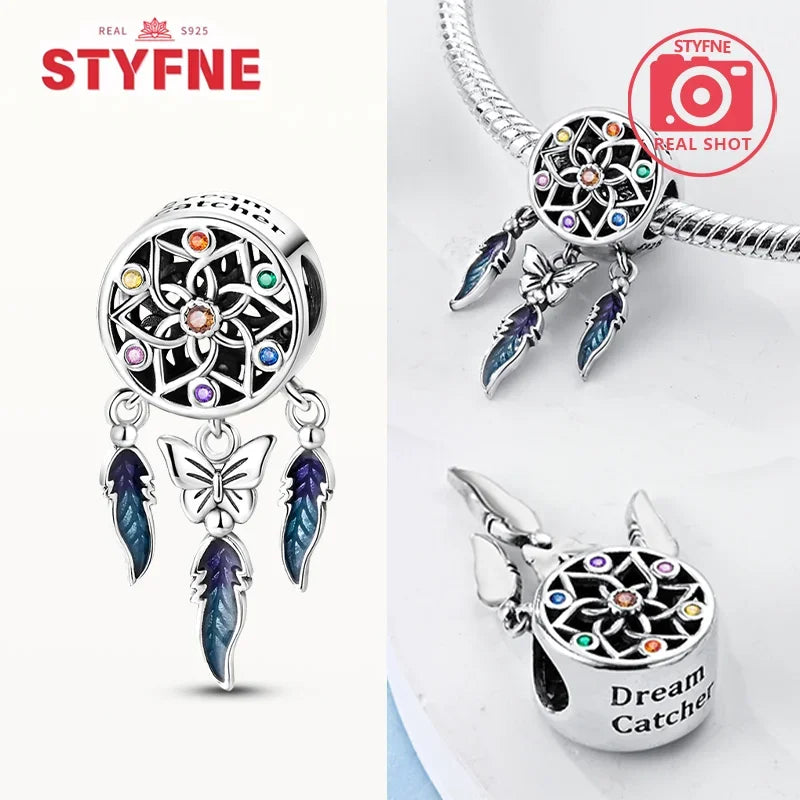 925 Sterling Silver Colorful Zircon Heart Dreamcatcher Charm – Feather Beads Fit Original Pandora Bracelet DIY Jewelry Gift for Women