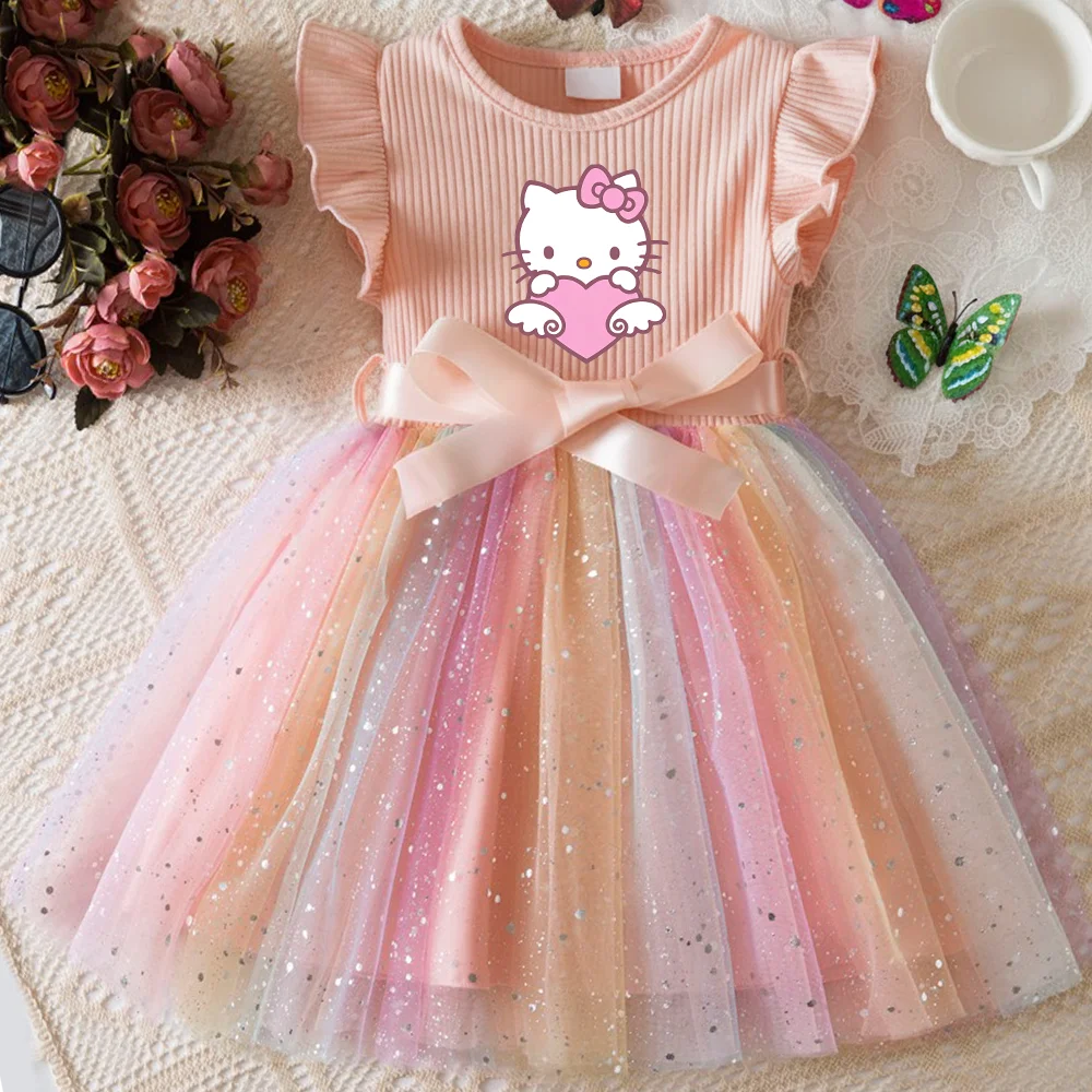 ✨ Hello Kitty Girls Sequins Dress 🎀 Rainbow Tulle Princess Dress 🌈 Toddler Birthday Party Outfit 👧 Ages 1–5 Years