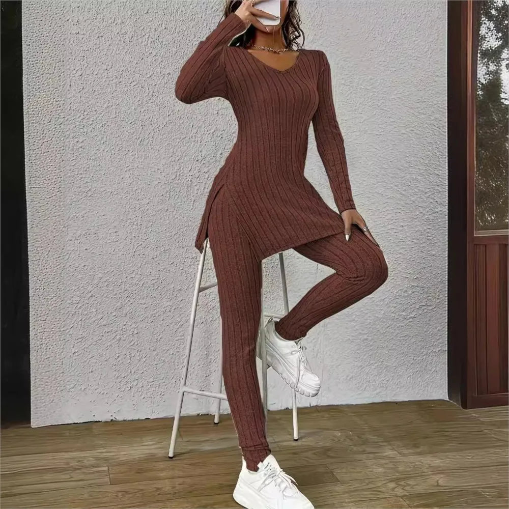 Women’s Knitted 2-Piece Set 🌸 V-Neck Pullover & Trousers Spring/Autumn ✨