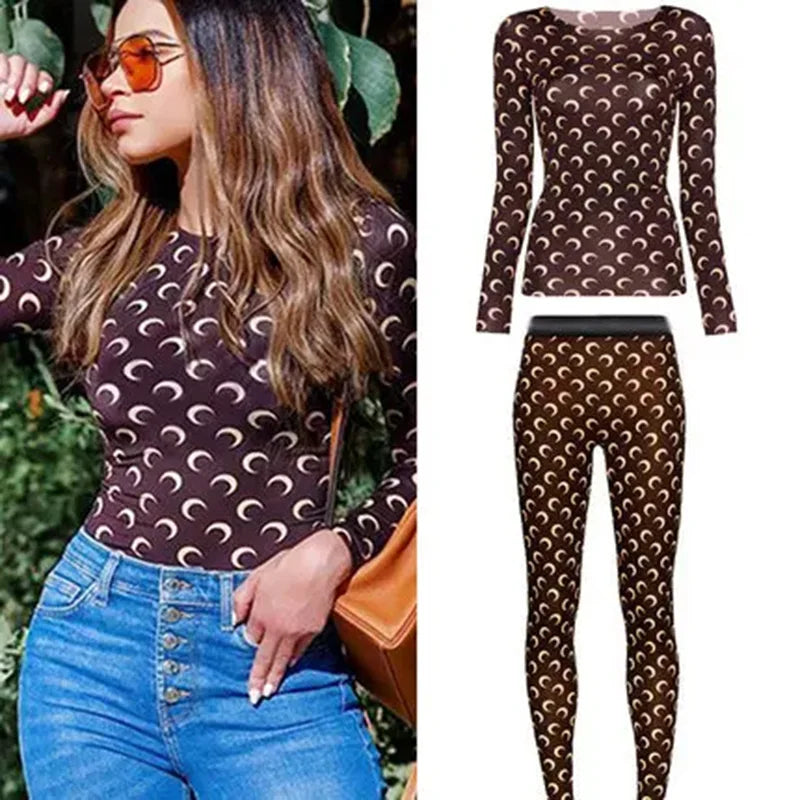 American Retro Women’s Two-Piece Set – Ice Silk Top & Pants with Moon Print Long Sleeve 🌙✨