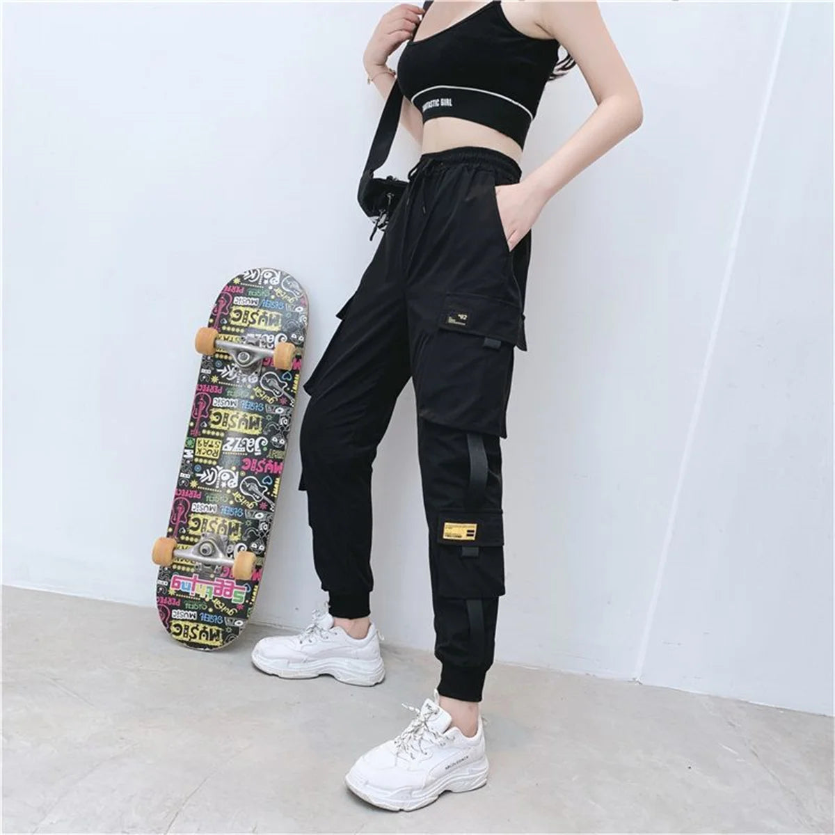 Black Cargo Pants for Women | High Waist Loose Joggers | Korean Hip Hop Streetwear Trousers