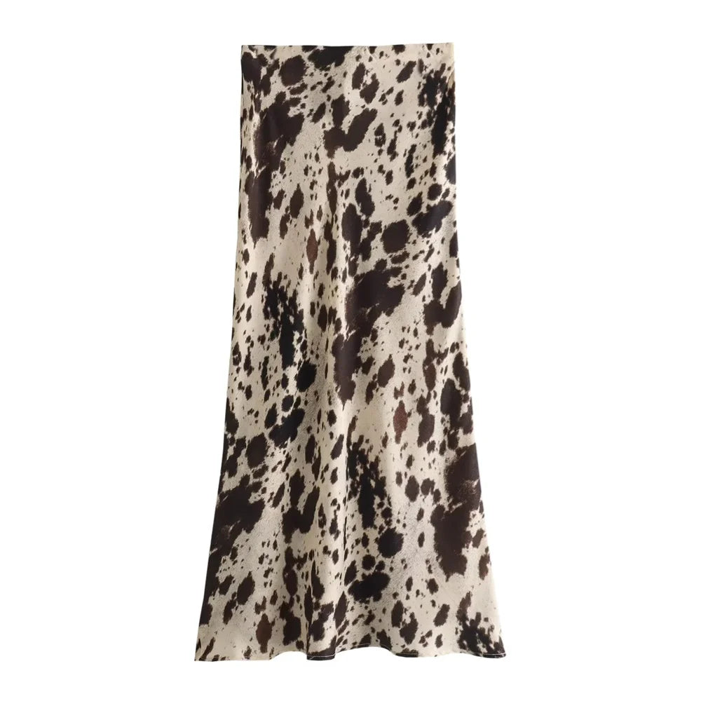 2024 Spring Summer Women’s High Waist Animal Print Silk Satin Midi Skirt | Fashion Niche Skirt